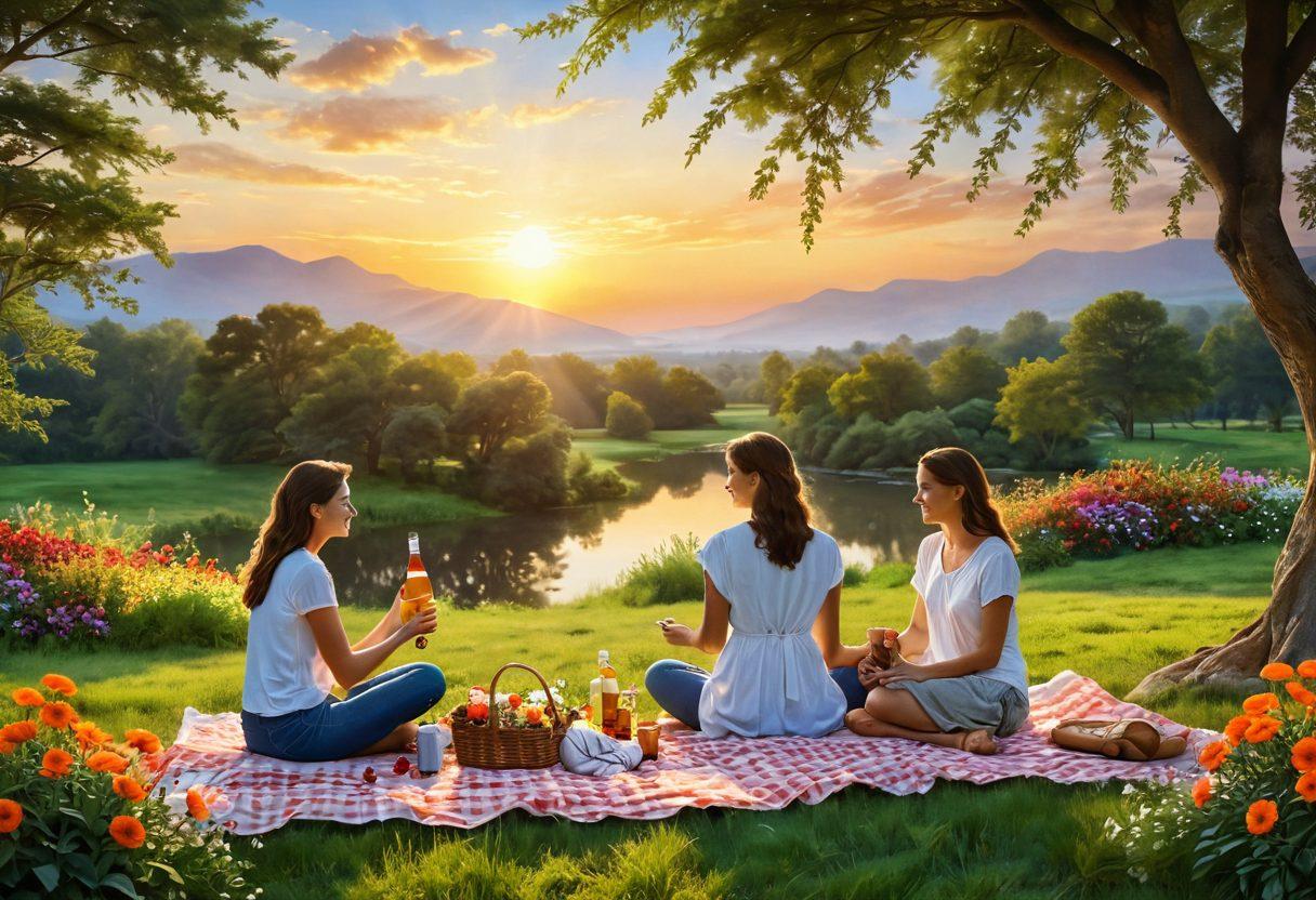 A serene scene depicting a radiant sun rising over a tranquil landscape, symbolizing happiness and wellness. Include a family enjoying a picnic surrounded by vibrant flowers and greenery, with a bottle of Inmunocal prominently placed. Soft, warm lighting to evoke a sense of peace and health. super-realistic. vibrant colors.