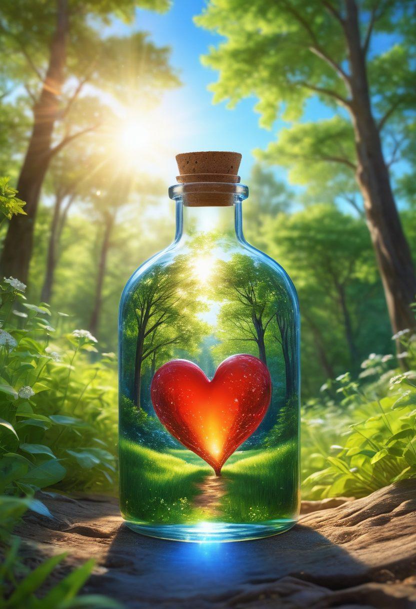 A serene landscape depicting a glowing, radiant heart symbolizing bliss, surrounded by vibrant green nature and a clear blue sky. Include elements like a person practicing mindfulness, a bottle of Inmunocal with sparkles indicating enhanced well-being, and warm sunlight filtering through the trees. The overall atmosphere should evoke feelings of health and tranquility. super-realistic. vibrant colors. ethereal style.